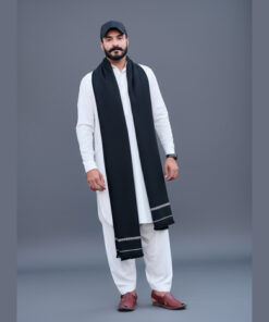 Side angle view of black pashmina shawl showing layers and stitching detail