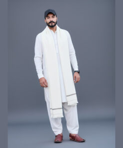 Side angle view of off-white pashmina shawl showing layers and stitching detail